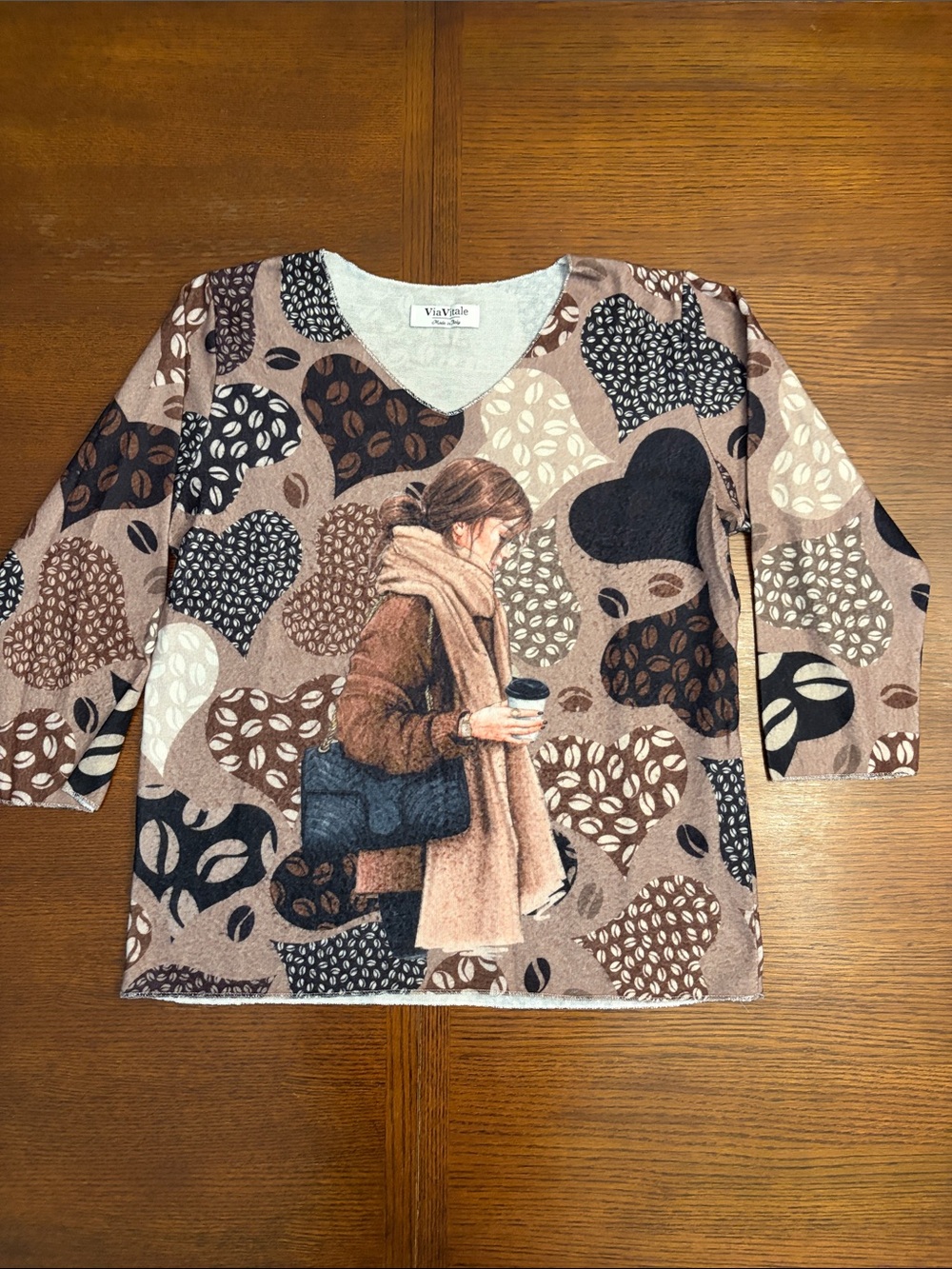 Via Vitale Brown Multi-Tone V-Neck Sweater with Woman Illustration